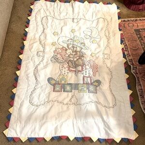 Vintage handmade cross stitched ABC Horse,Bear,Moon and Stars Baby Blanket Quilt